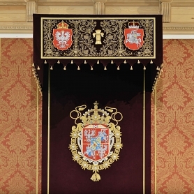 Coats of arms over the canopy of the Palace Baroque throne room indicate that the fate of the Europe was dealt in the Lithuanian dukes residence also